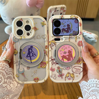 Cute Anime Girl Sailor Moon Pattern Phone Case, Hidden Magnetic Ring Holder, Large Lens Window Shockproof Clear Cover