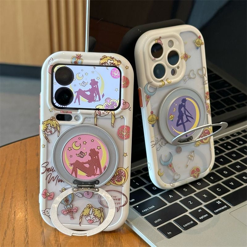 Cute Anime Girl Sailor Moon Pattern Phone Case, Hidden Magnetic Ring Holder, Large Lens Window Shockproof Clear Cover