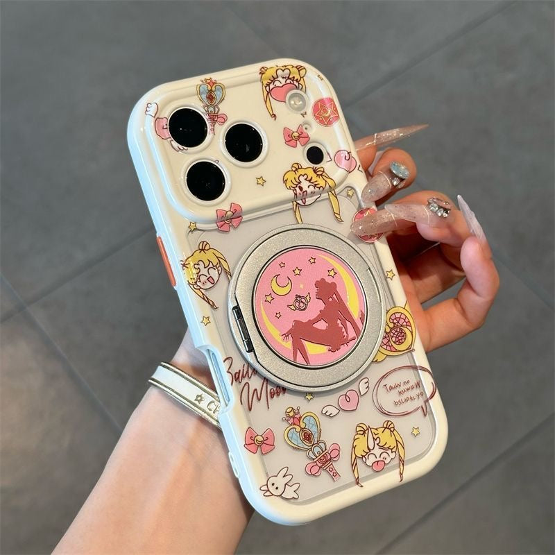 Cute Anime Girl Sailor Moon Pattern Phone Case, Hidden Magnetic Ring Holder, Large Lens Window Shockproof Clear Cover