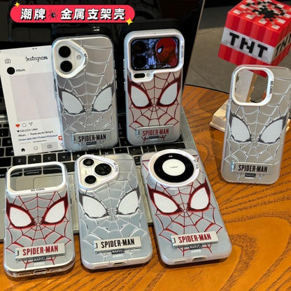 Retro Spiderman Web Line Print Shockproof Phone Case with Built-in Stand, Raised Full Lens Protective Cover