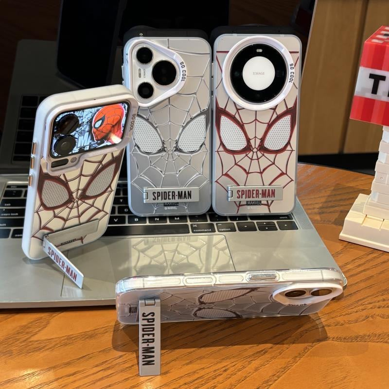 Retro Spiderman Web Line Print Shockproof Phone Case with Built-in Stand, Raised Full Lens Protective Cover