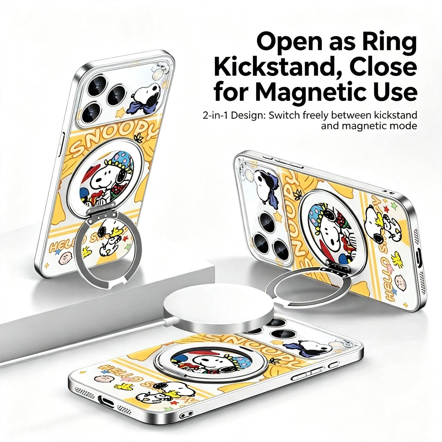 360° Rotatable Ring Kickstand Phone Case, MagSafe Magnetic Wireless Charging Cover with Cute Cartoon Pet Print, Full Camera Lens Protection Anti-Drop TPU Shell