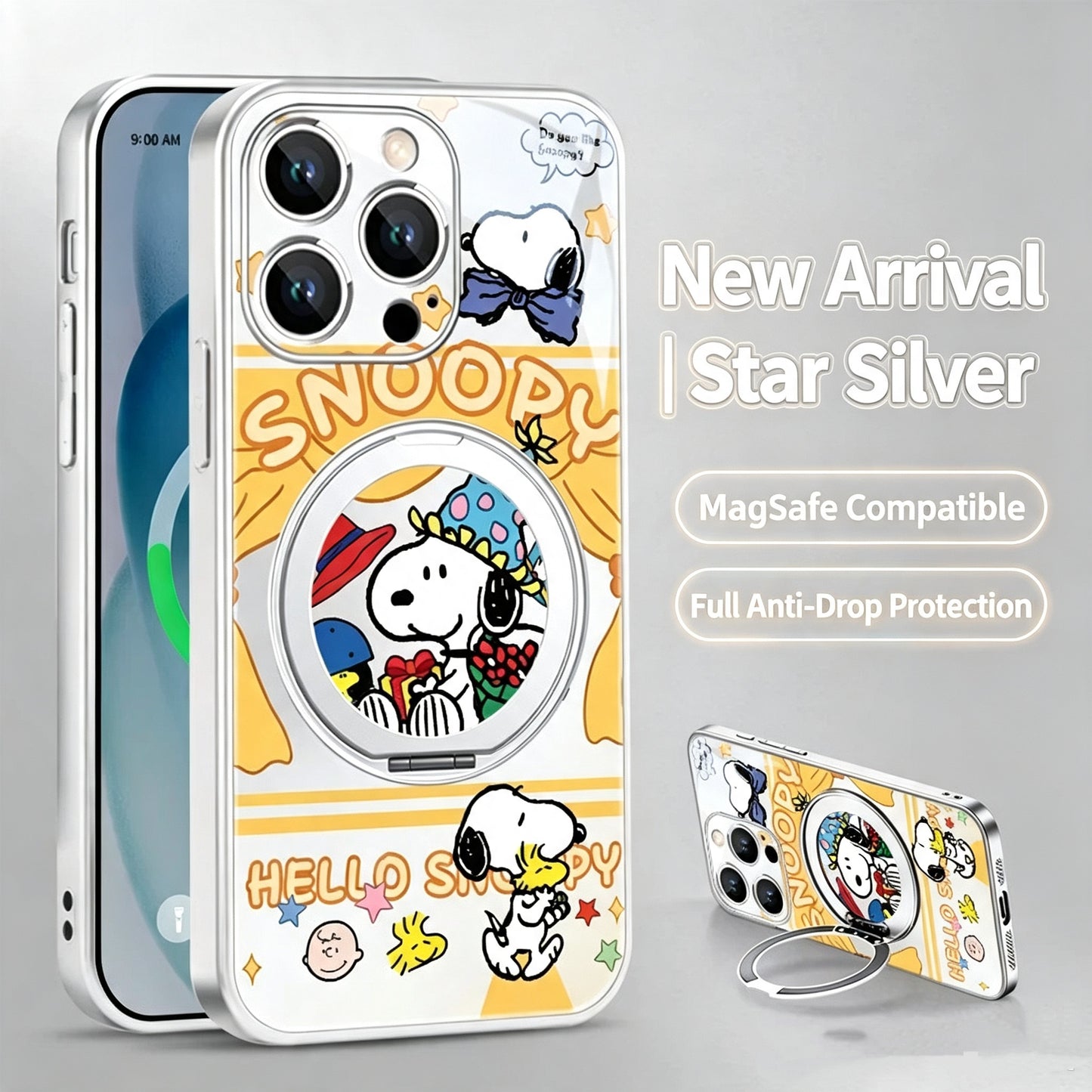 360° Rotatable Ring Kickstand Phone Case, MagSafe Magnetic Wireless Charging Cover with Cute Cartoon Pet Print, Full Camera Lens Protection Anti-Drop TPU Shell