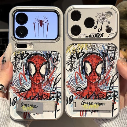 Graffiti Comic Hero Spiderman Earphone Pattern Flip Full Lens Protection Phone Case with Hidden Foldable Kickstand for iPhone