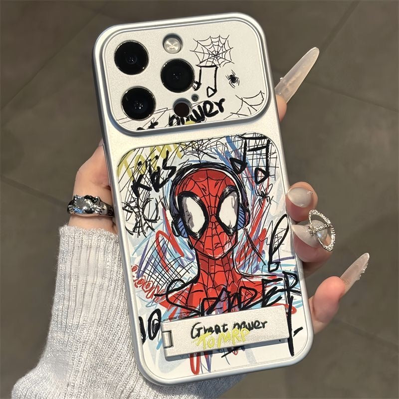 Graffiti Comic Hero Spiderman Earphone Pattern Flip Full Lens Protection Phone Case with Hidden Foldable Kickstand for iPhone