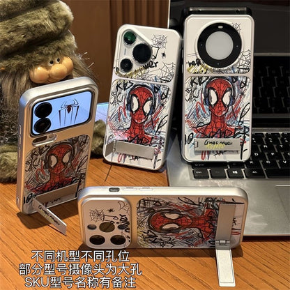 Graffiti Comic Hero Spiderman Earphone Pattern Flip Full Lens Protection Phone Case with Hidden Foldable Kickstand for iPhone
