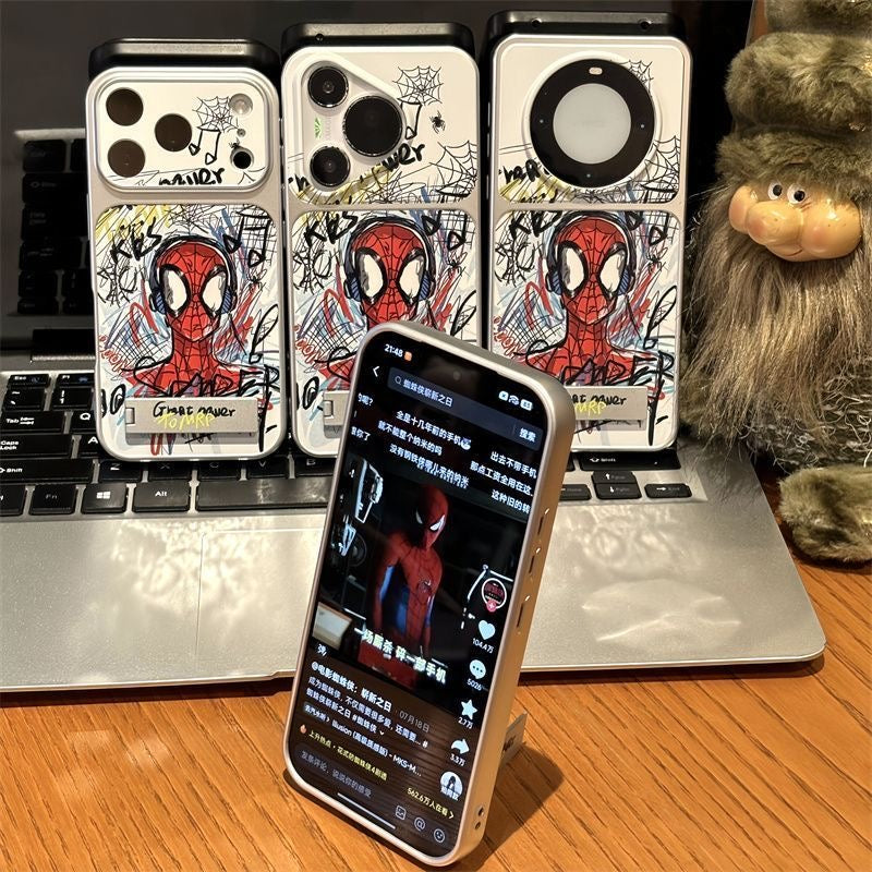 Graffiti Comic Hero Spiderman Earphone Pattern Flip Full Lens Protection Phone Case with Hidden Foldable Kickstand for iPhone