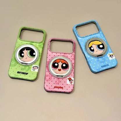 Cute Cartoon Character Print Magsafe Phone Case with Foldable Mirror Ring Kickstand, Full Lens Protection Anti-drop Plastic Cover for iPhone