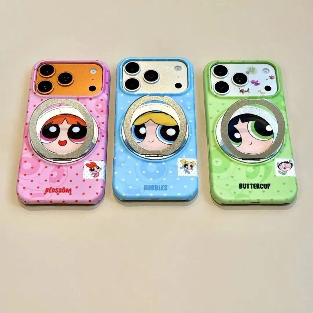 Cute Cartoon Character Print Magsafe Phone Case with Foldable Mirror Ring Kickstand, Full Lens Protection Anti-drop Plastic Cover for iPhone