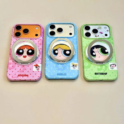 Cute Cartoon Character Print Magsafe Phone Case with Foldable Mirror Ring Kickstand, Full Lens Protection Anti-drop Plastic Cover for iPhone