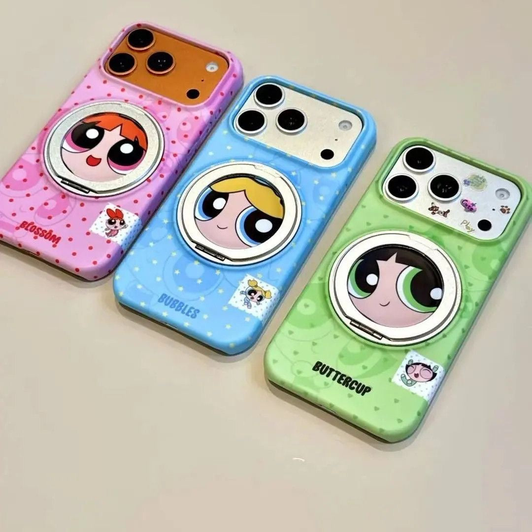 Cute Cartoon Character Print Magsafe Phone Case with Foldable Mirror Ring Kickstand, Full Lens Protection Anti-drop Plastic Cover for iPhone