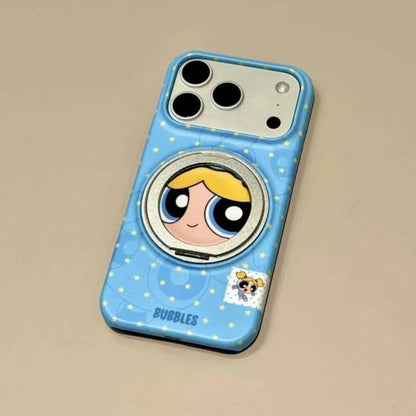 Cute Cartoon Character Print Magsafe Phone Case with Foldable Mirror Ring Kickstand, Full Lens Protection Anti-drop Plastic Cover for iPhone