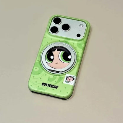 Cute Cartoon Character Print Magsafe Phone Case with Foldable Mirror Ring Kickstand, Full Lens Protection Anti-drop Plastic Cover for iPhone
