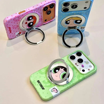 Cute Cartoon Character Print Magsafe Phone Case with Foldable Mirror Ring Kickstand, Full Lens Protection Anti-drop Plastic Cover for iPhone