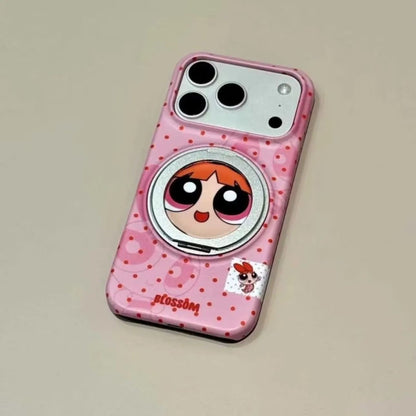 Cute Cartoon Character Print Magsafe Phone Case with Foldable Mirror Ring Kickstand, Full Lens Protection Anti-drop Plastic Cover for iPhone