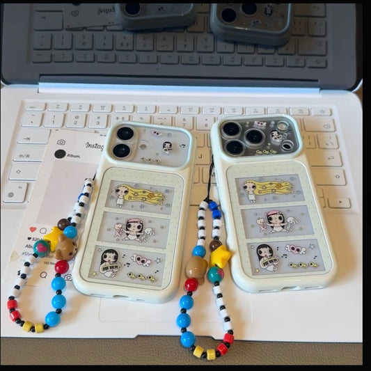 Aesthetic 3-Panel Cartoon Girl Illustration Phone Case, Flip Mirror Window Design, Detachable Colorful Beaded Wrist Strap, Soft Anti-Drop TPU Protective Cover For iPhone
