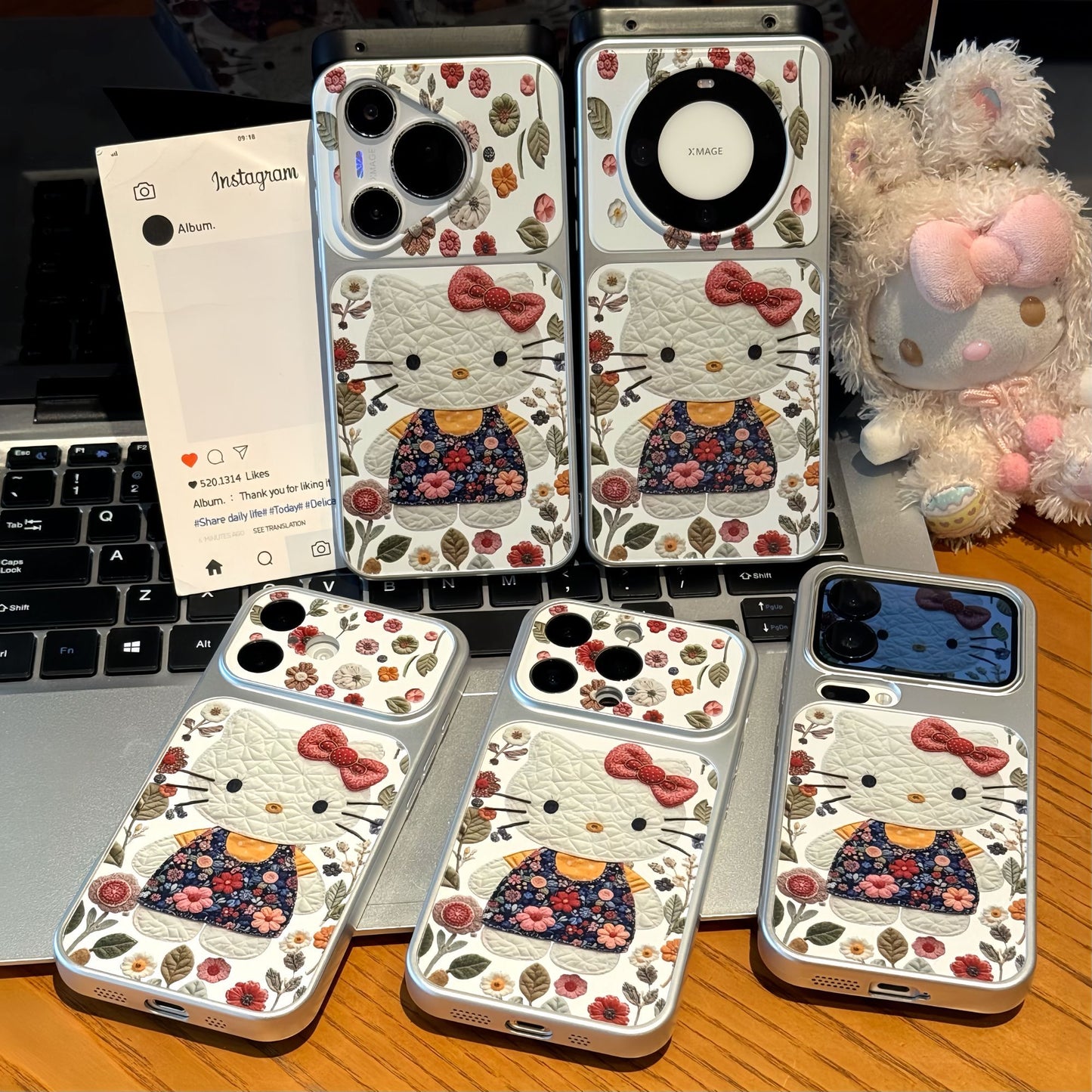 Vintage Floral White Cartoon Cat Print Phone Case, Foldable Makeup Mirror Kickstand, Vertical & Horizontal Stand for Reading & Watching Videos, Silver Border Shockproof TPU Protective Cover For Smartphones