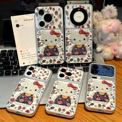Vintage Floral White Cartoon Cat Print Phone Case, Foldable Makeup Mirror Kickstand, Vertical & Horizontal Stand for Reading & Watching Videos, Silver Border Shockproof TPU Protective Cover For Smartphones