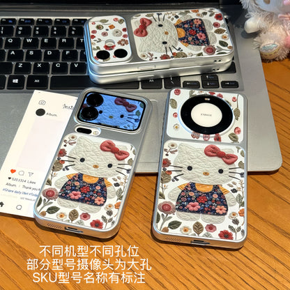 Vintage Floral White Cartoon Cat Print Phone Case, Foldable Makeup Mirror Kickstand, Vertical & Horizontal Stand for Reading & Watching Videos, Silver Border Shockproof TPU Protective Cover For Smartphones