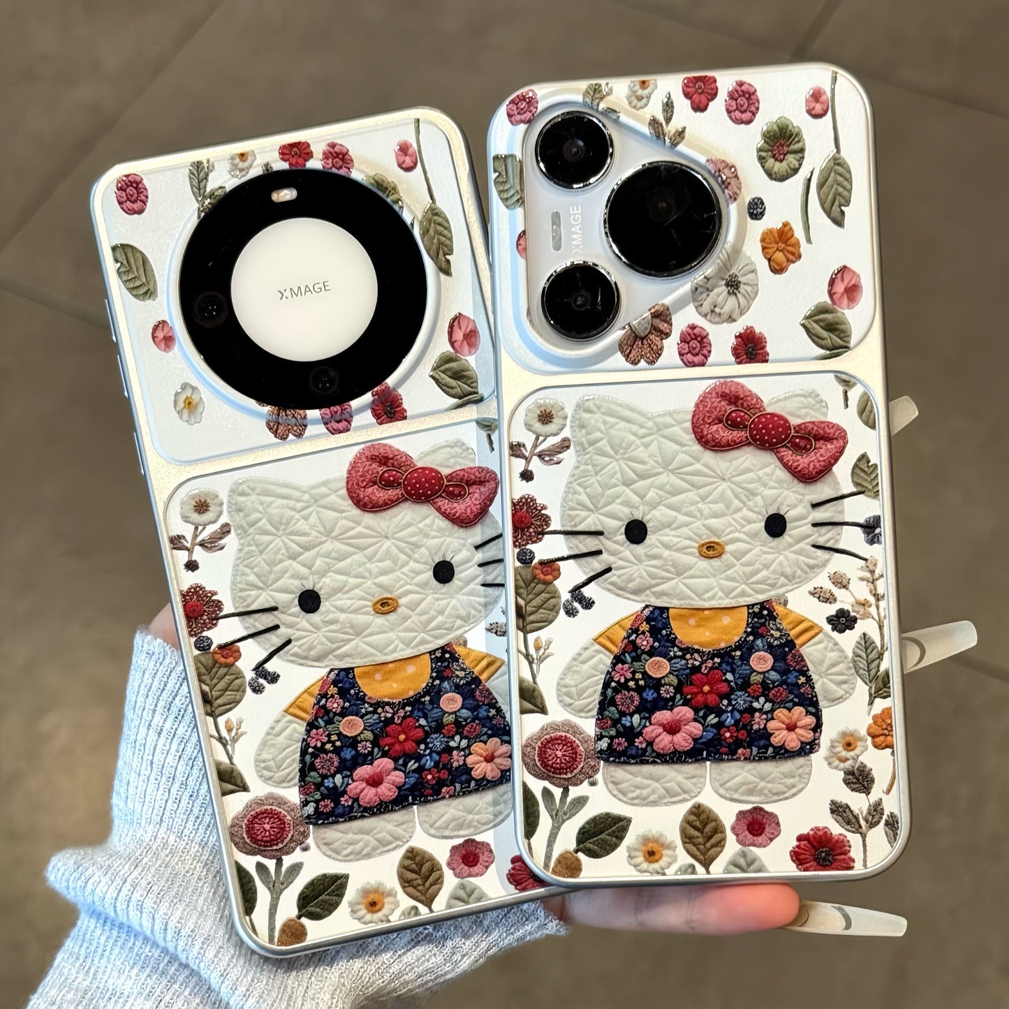 Vintage Floral White Cartoon Cat Print Phone Case, Foldable Makeup Mirror Kickstand, Vertical & Horizontal Stand for Reading & Watching Videos, Silver Border Shockproof TPU Protective Cover For Smartphones