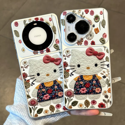 Vintage Floral White Cartoon Cat Print Phone Case, Foldable Makeup Mirror Kickstand, Vertical & Horizontal Stand for Reading & Watching Videos, Silver Border Shockproof TPU Protective Cover For Smartphones