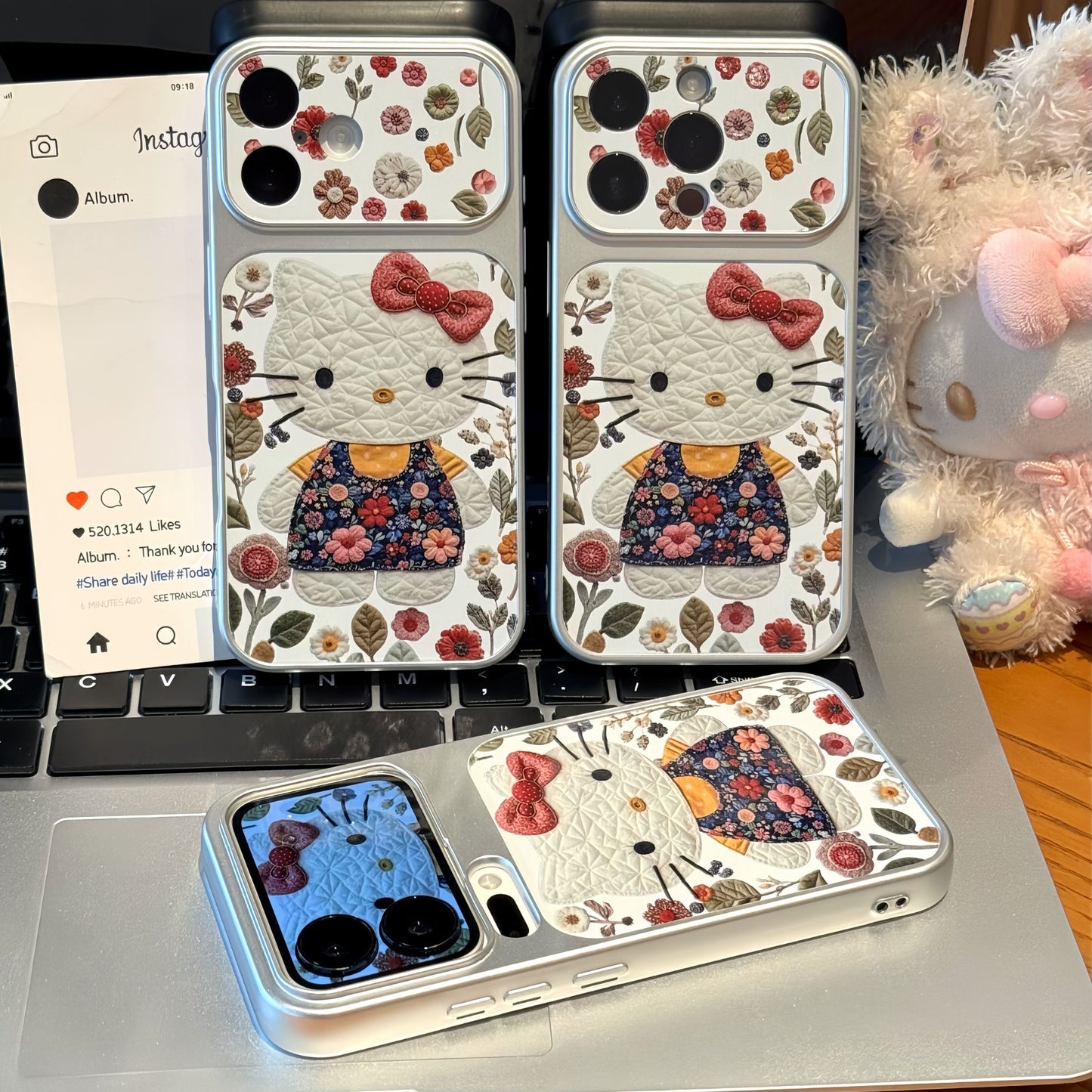 Vintage Floral White Cartoon Cat Print Phone Case, Foldable Makeup Mirror Kickstand, Vertical & Horizontal Stand for Reading & Watching Videos, Silver Border Shockproof TPU Protective Cover For Smartphones