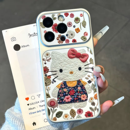 Vintage Floral White Cartoon Cat Print Phone Case, Foldable Makeup Mirror Kickstand, Vertical & Horizontal Stand for Reading & Watching Videos, Silver Border Shockproof TPU Protective Cover For Smartphones
