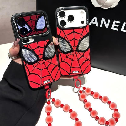 Red Classic Web Grid Graphic Phone Case, Hollow Eye Lens Frame Design, Anti-Drop Soft TPU Cover With Matching Frosted Beads Wrist Strap For iPhone