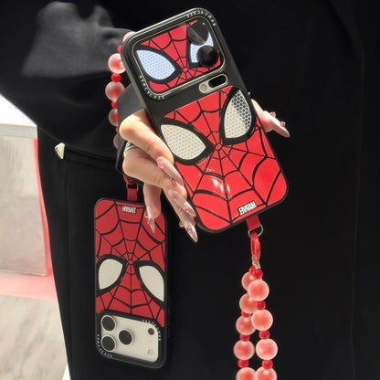 Red Classic Web Grid Graphic Phone Case, Hollow Eye Lens Frame Design, Anti-Drop Soft TPU Cover With Matching Frosted Beads Wrist Strap For iPhone
