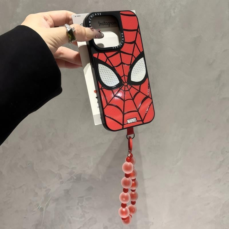 Red Classic Web Grid Graphic Phone Case, Hollow Eye Lens Frame Design, Anti-Drop Soft TPU Cover With Matching Frosted Beads Wrist Strap For iPhone