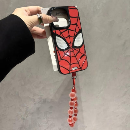 Red Classic Web Grid Graphic Phone Case, Hollow Eye Lens Frame Design, Anti-Drop Soft TPU Cover With Matching Frosted Beads Wrist Strap For iPhone