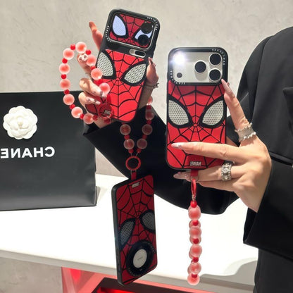 Red Classic Web Grid Graphic Phone Case, Hollow Eye Lens Frame Design, Anti-Drop Soft TPU Cover With Matching Frosted Beads Wrist Strap For iPhone