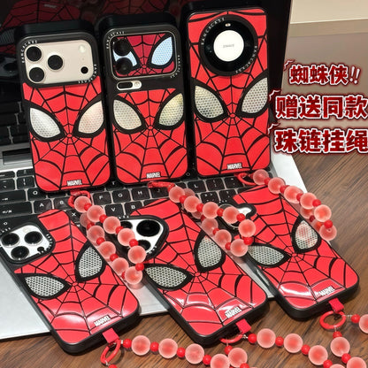 Red Classic Web Grid Graphic Phone Case, Hollow Eye Lens Frame Design, Anti-Drop Soft TPU Cover With Matching Frosted Beads Wrist Strap For iPhone