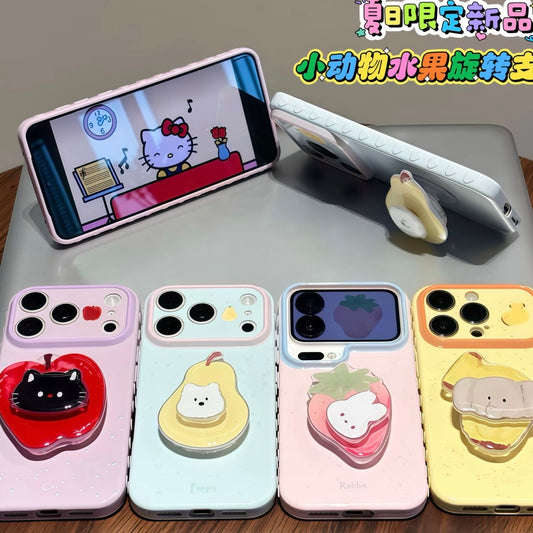 Sweet Fruit Cartoon Mini Animal Print Phone Case, 3D Detachable Bubble Bracket Design, Shockproof Anti-Drop Soft TPU Protective Cover for iPhone