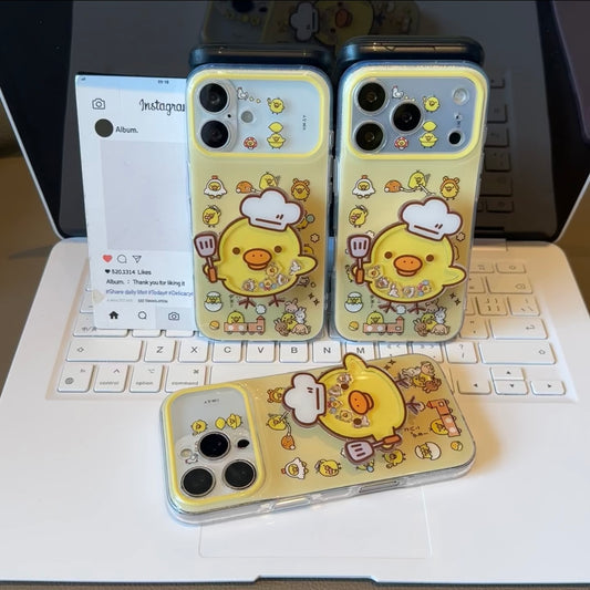 Kawaii Cartoon Chef Little Yellow Chicken Print Phone Case, 3D Removable Pop Socket, Transparent Soft TPU Anti-Drop Protective Shell, Full Camera Lens Frame Protection for iPhone