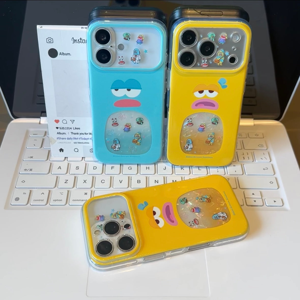 Cute Grumpy Cartoon Marine Fish Print Phone Case, Iridescent Shell Glitter Visual Window, Two-Tone Frame Anti-Drop Soft TPU Protective Case, Raised Camera Lens Protection for iPhone