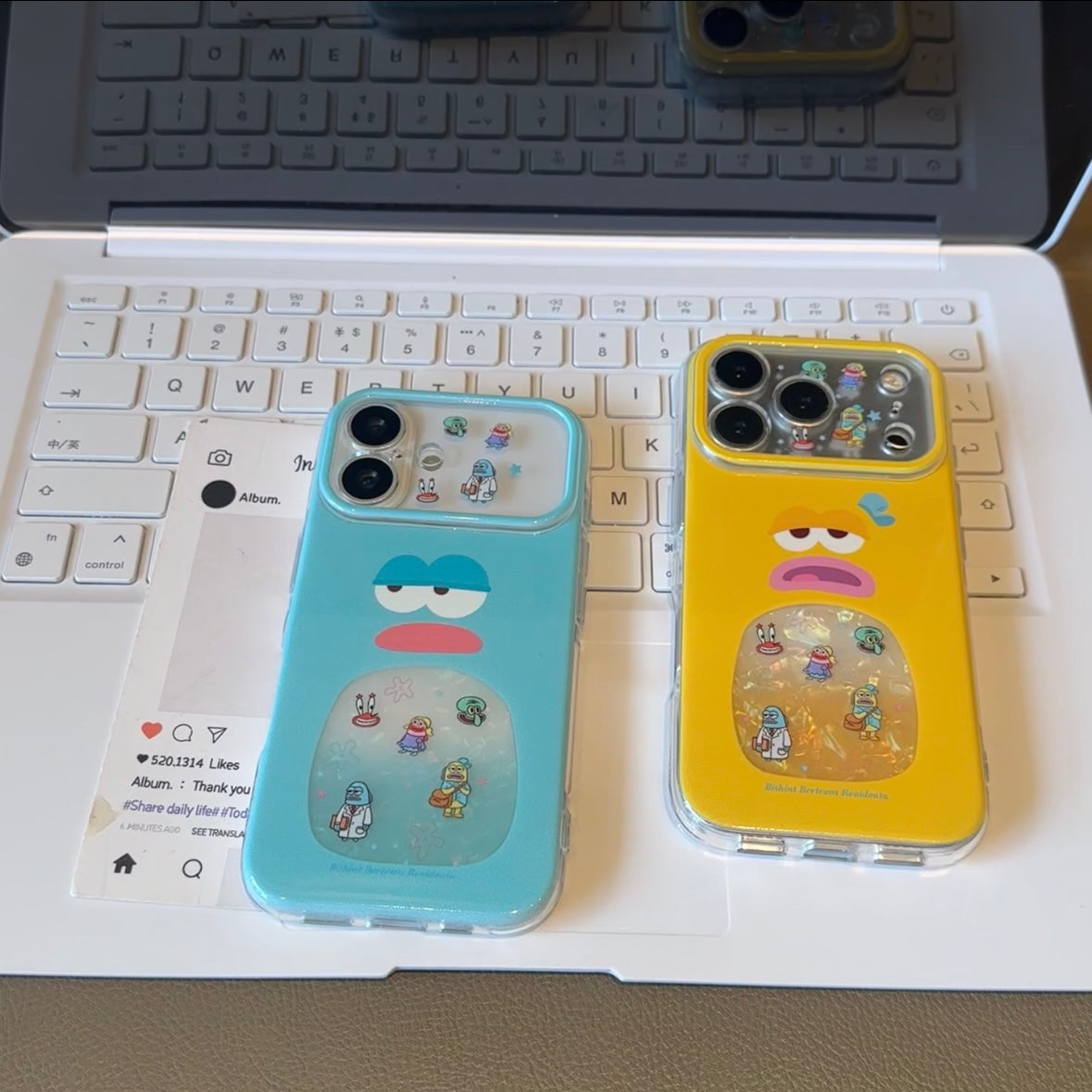 Cute Grumpy Cartoon Marine Fish Print Phone Case, Iridescent Shell Glitter Visual Window, Two-Tone Frame Anti-Drop Soft TPU Protective Case, Raised Camera Lens Protection for iPhone