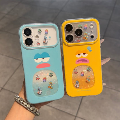 Cute Grumpy Cartoon Marine Fish Print Phone Case, Iridescent Shell Glitter Visual Window, Two-Tone Frame Anti-Drop Soft TPU Protective Case, Raised Camera Lens Protection for iPhone