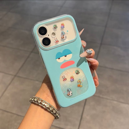 Cute Grumpy Cartoon Marine Fish Print Phone Case, Iridescent Shell Glitter Visual Window, Two-Tone Frame Anti-Drop Soft TPU Protective Case, Raised Camera Lens Protection for iPhone