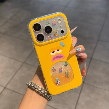 Cute Grumpy Cartoon Marine Fish Print Phone Case, Iridescent Shell Glitter Visual Window, Two-Tone Frame Anti-Drop Soft TPU Protective Case, Raised Camera Lens Protection for iPhone