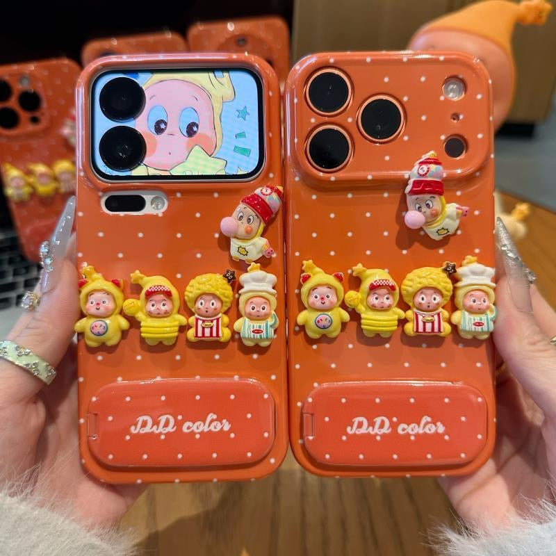 Cute 3D Cartoon Twinkle Doll Polka Dot Orange Phone Case with Foldable Mirror Kickstand Anti-Drop Soft TPU Protective Cover for Smartphones