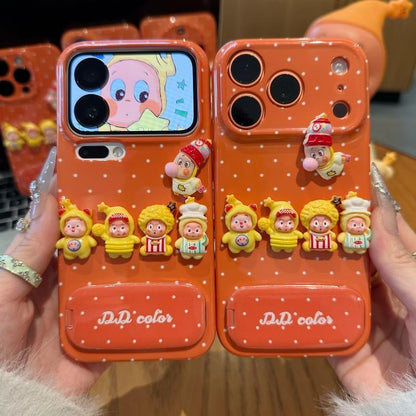 Cute 3D Cartoon Twinkle Doll Polka Dot Orange Phone Case with Foldable Mirror Kickstand Anti-Drop Soft TPU Protective Cover for Smartphones