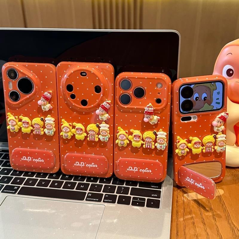 Cute 3D Cartoon Twinkle Doll Polka Dot Orange Phone Case with Foldable Mirror Kickstand Anti-Drop Soft TPU Protective Cover for Smartphones
