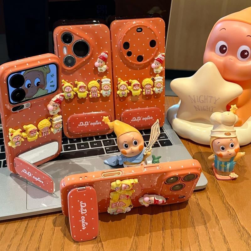 Cute 3D Cartoon Twinkle Doll Polka Dot Orange Phone Case with Foldable Mirror Kickstand Anti-Drop Soft TPU Protective Cover for Smartphones