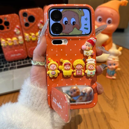 Cute 3D Cartoon Twinkle Doll Polka Dot Orange Phone Case with Foldable Mirror Kickstand Anti-Drop Soft TPU Protective Cover for Smartphones