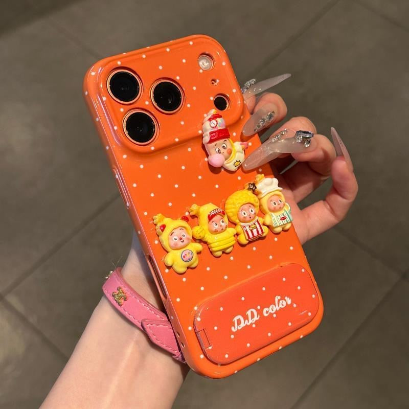 Cute 3D Cartoon Twinkle Doll Polka Dot Orange Phone Case with Foldable Mirror Kickstand Anti-Drop Soft TPU Protective Cover for Smartphones