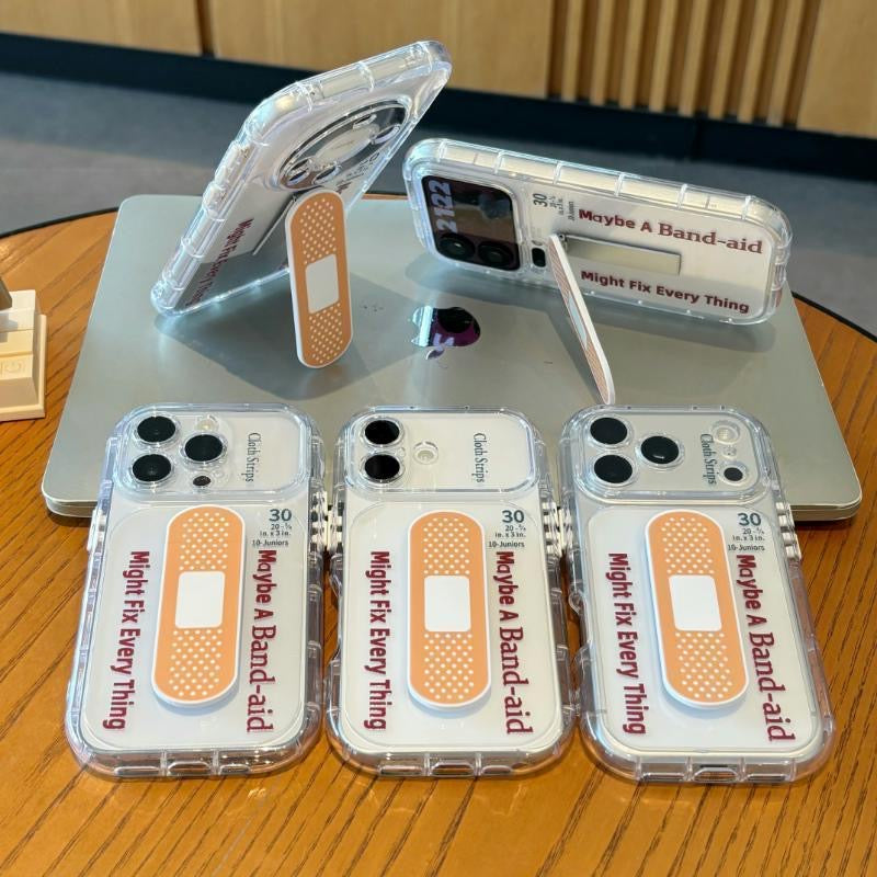 Cute Band-Aid Pattern Clear Phone Case with Foldable Band-Aid Kickstand, Anti-Drop Shockproof Transparent TPU Protective Cover for iPhone