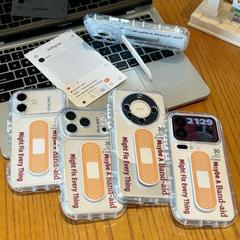 Cute Band-Aid Pattern Clear Phone Case with Foldable Band-Aid Kickstand, Anti-Drop Shockproof Transparent TPU Protective Cover for iPhone