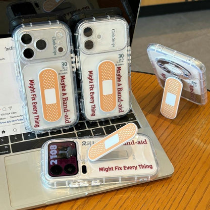 Cute Band-Aid Pattern Clear Phone Case with Foldable Band-Aid Kickstand, Anti-Drop Shockproof Transparent TPU Protective Cover for iPhone