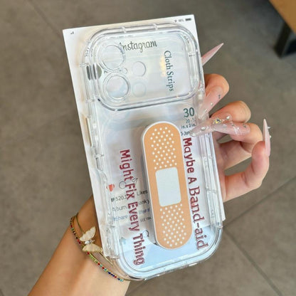 Cute Band-Aid Pattern Clear Phone Case with Foldable Band-Aid Kickstand, Anti-Drop Shockproof Transparent TPU Protective Cover for iPhone